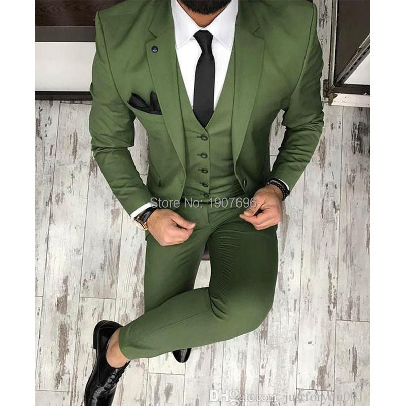 Vert kaki Slim Fit Homme 3 Piece Men Set Jacket Pantalon Veste Fashion Style - Vêtement pour : Homme qui vise l'excellence !